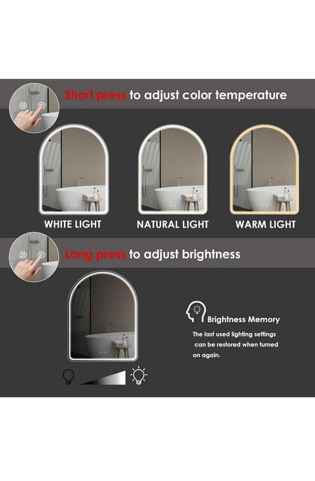 Lustro łazienkowe LED 80x60 z oświetleniem, antypara, 3 kolory