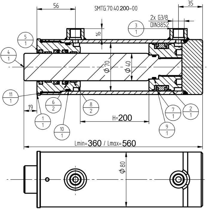 Siłownik Hydrauliczny SMTG 70x40 SKOK 200 2-STR [2287]