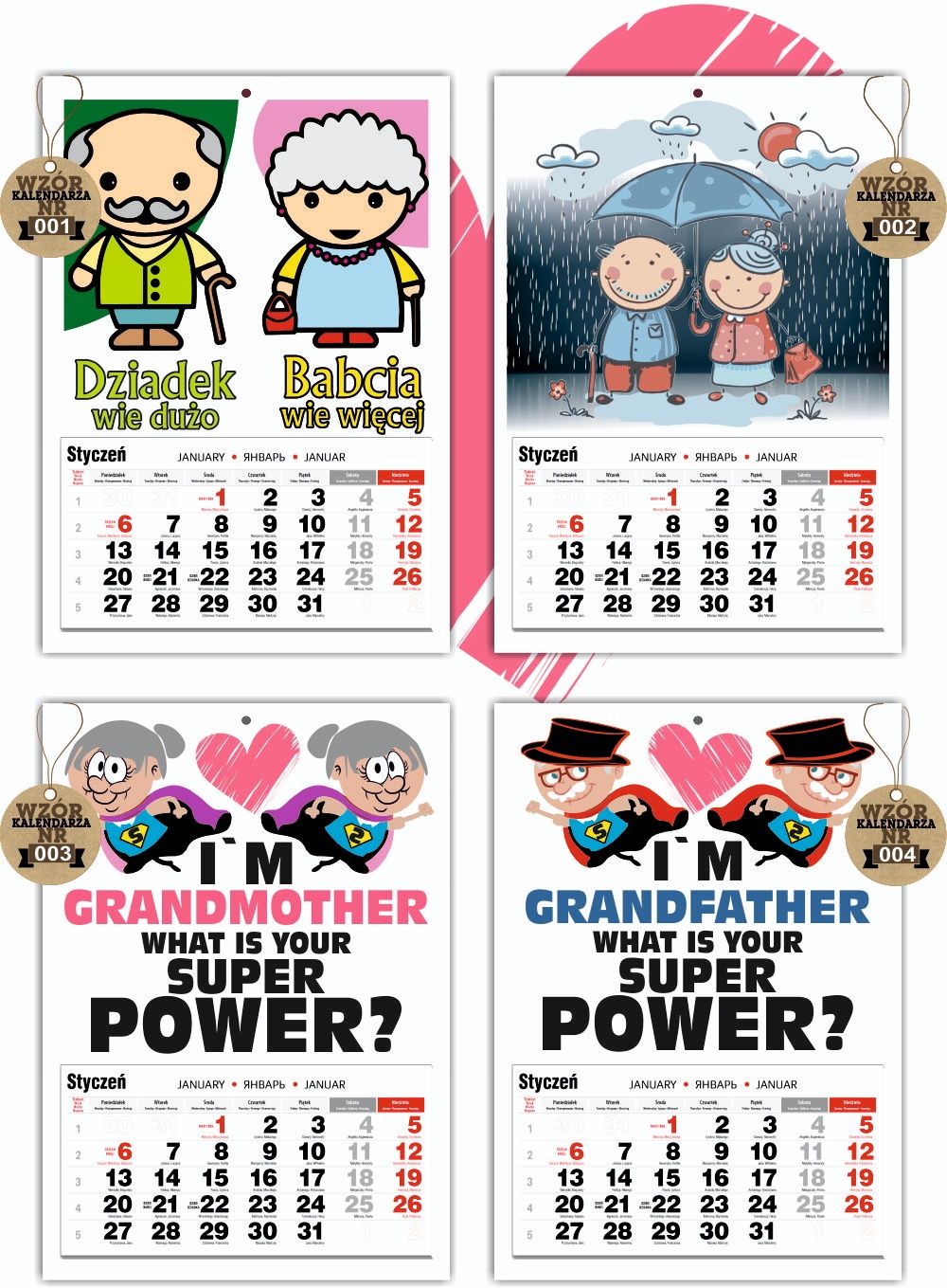 Kalendarz dla Babci i Dziadka 16wzorów A3 kolorowy 

kolorowy jednodzi