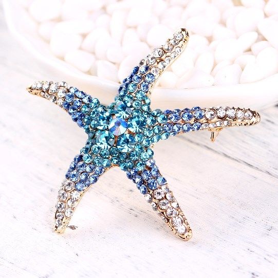 Broszka Złota Rozgwiazda Vintage Z Kryształami Niebieska