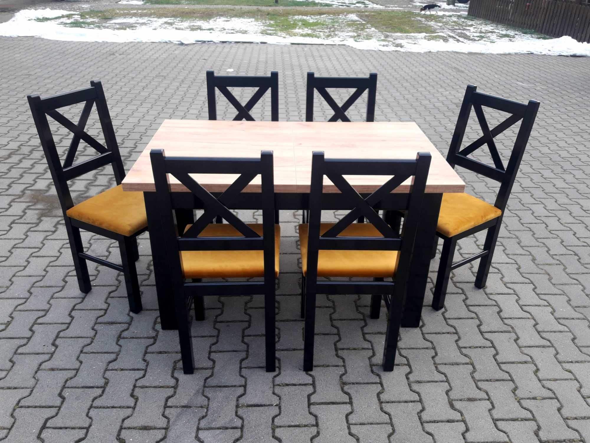 Stol 150/200x80x76 +6 krzesel czarny /blat dab craft zloty okazja