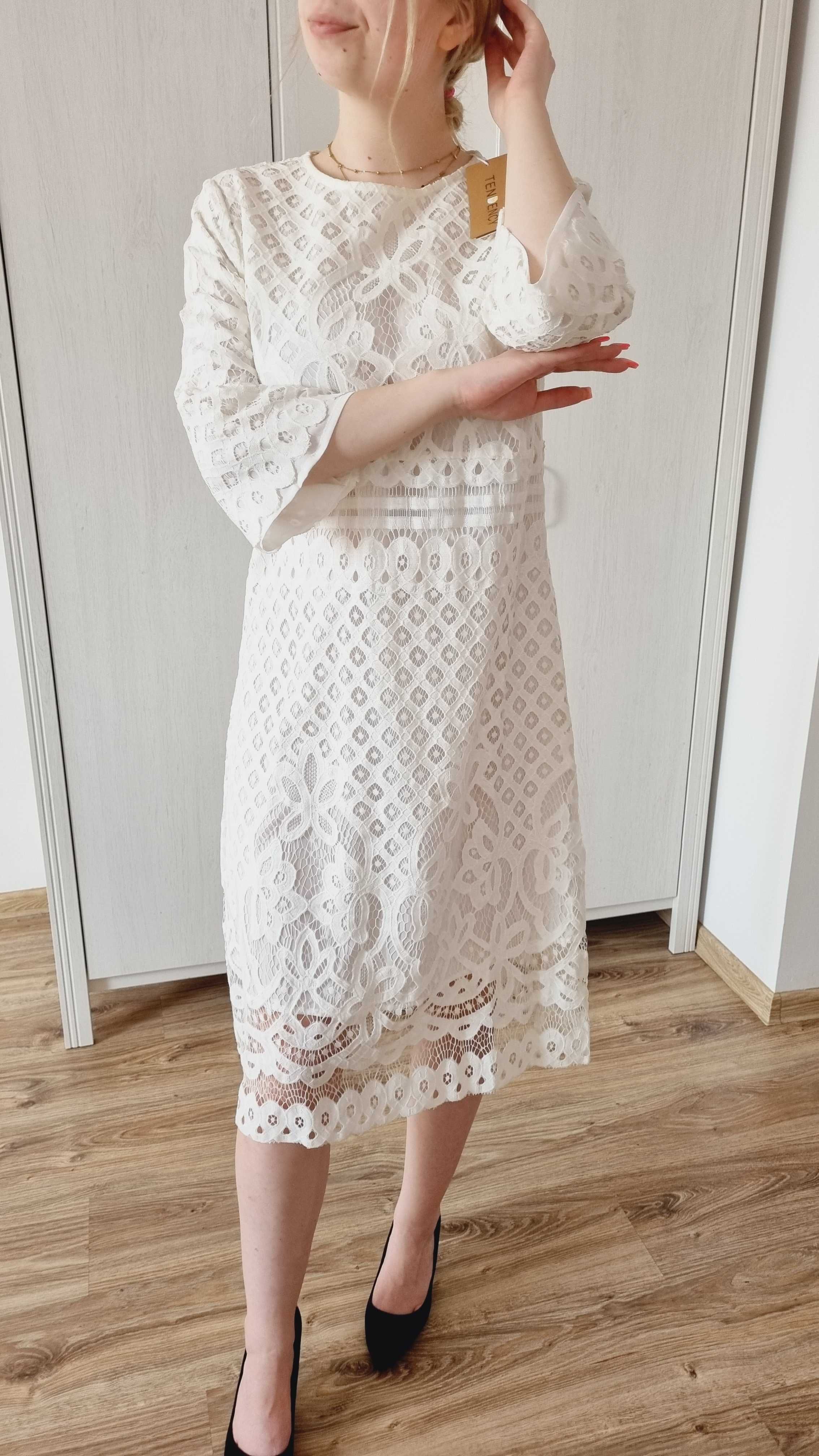 biała kremowa ażurowa sukienka midi, ślub cywilny, panieński boho L 40
