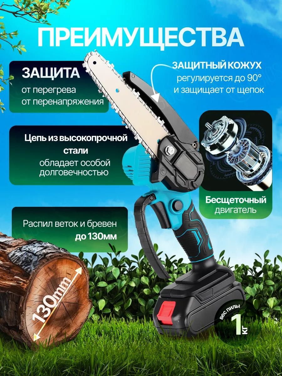 Мини пила, электропила на 2 аккумуляторв 48 V с кейсом, цепь 15 см