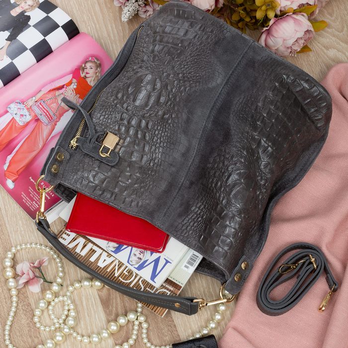 VERA PELLE torebka zamszowa worek shopper z kłódeczką V493 c.szara