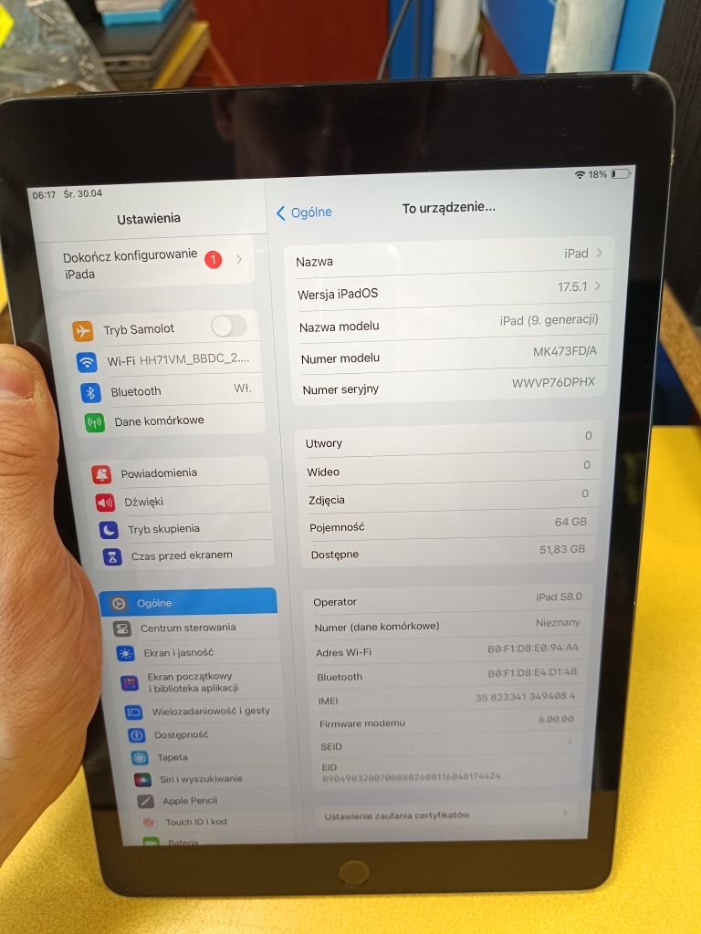 Apple Ipad 9 Generacji Wi-Fi + Cellular / 64 GB / A2604 / GWARANCJA