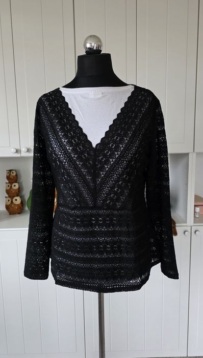 Czarna bluzka wieczorowa wizytowa koronka z koronki święta  48