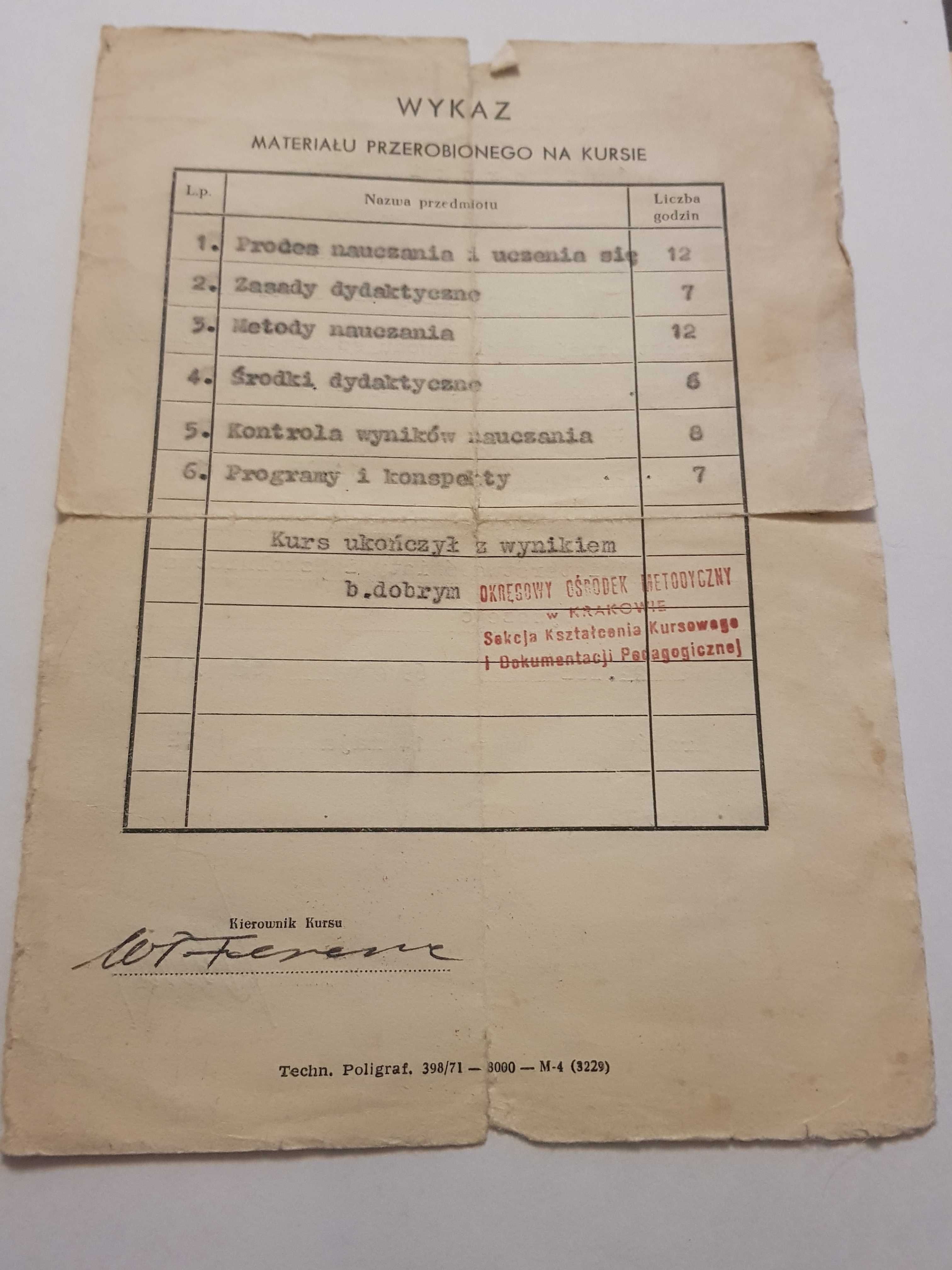 Stare zaświadczenie 1972 o ukończeniu kursu pedagogicznego Kraków