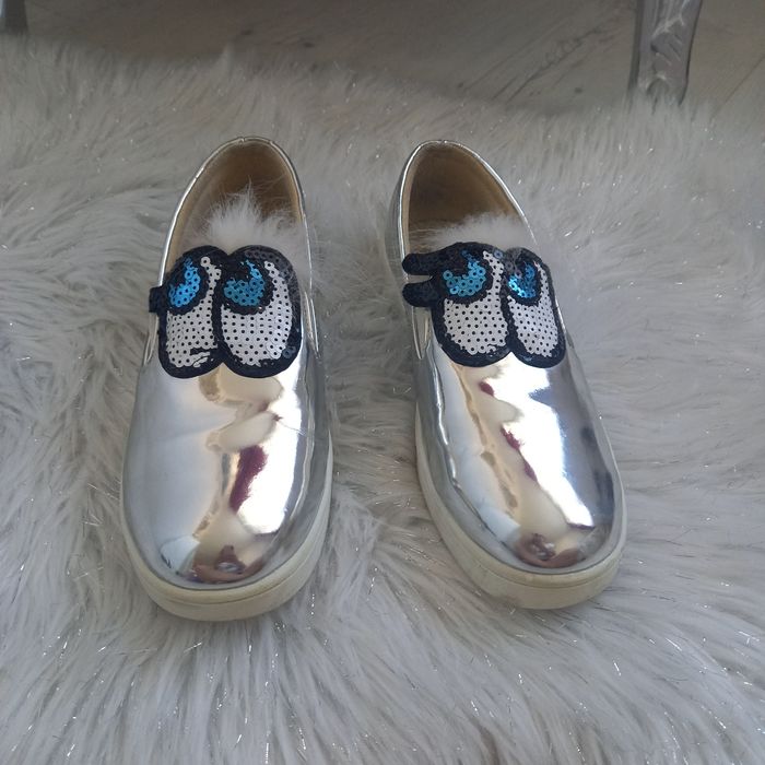Buty srebrne błyszczące lustrzane cekinowe oczy 39 płaskie półbuty