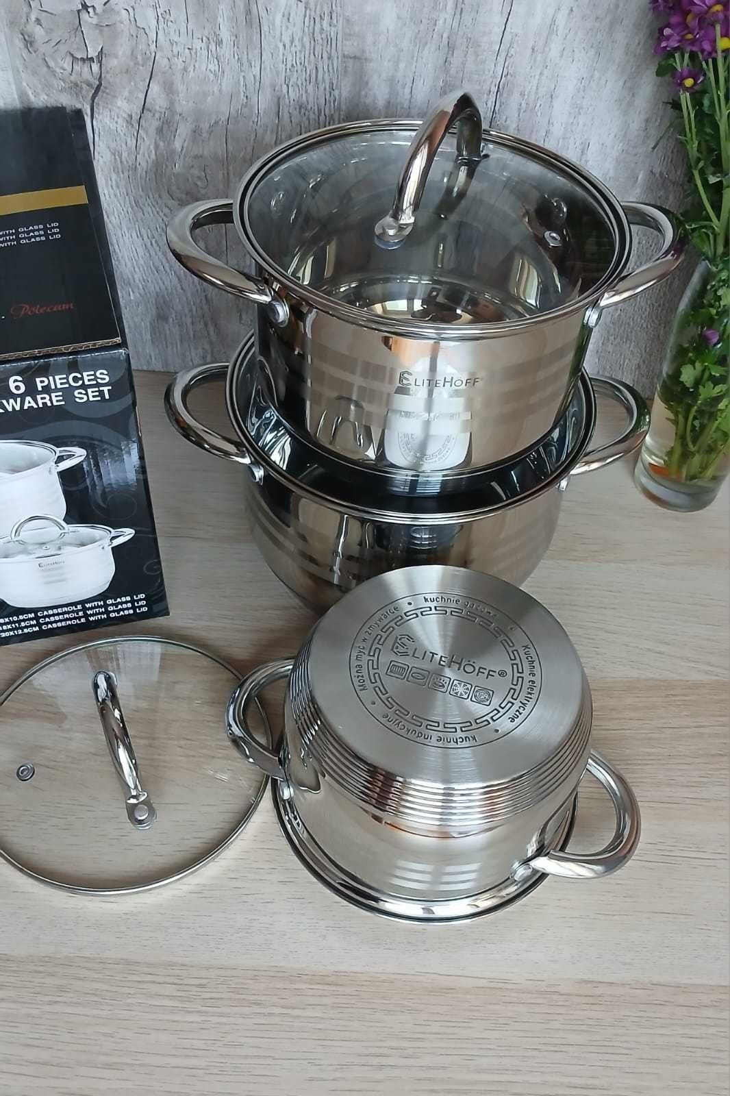 Garnki EliteHoff 6 elementów zestaw 3 garnków 18/20/22 cm na indukcję