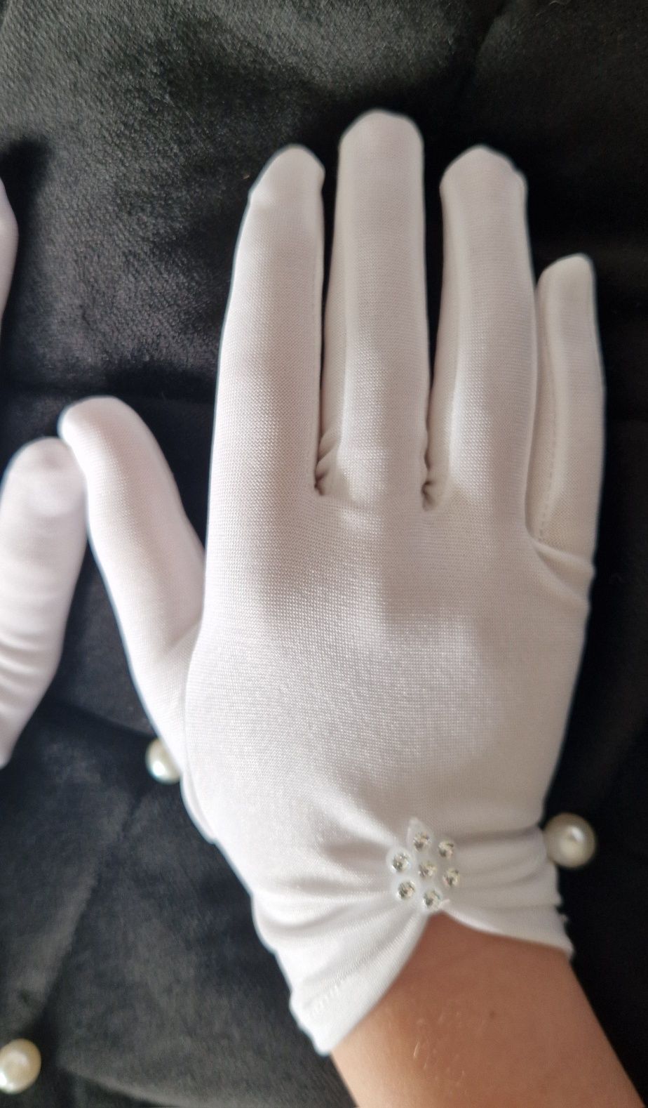 Rękawiczki białe komunijne, zdobione kryształkami eleganckie, elastycz