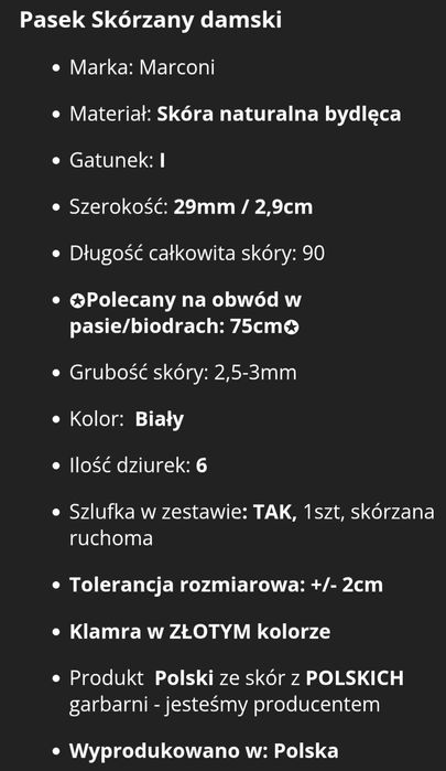 NOWY skórzany biały damski pasek marki Marconi