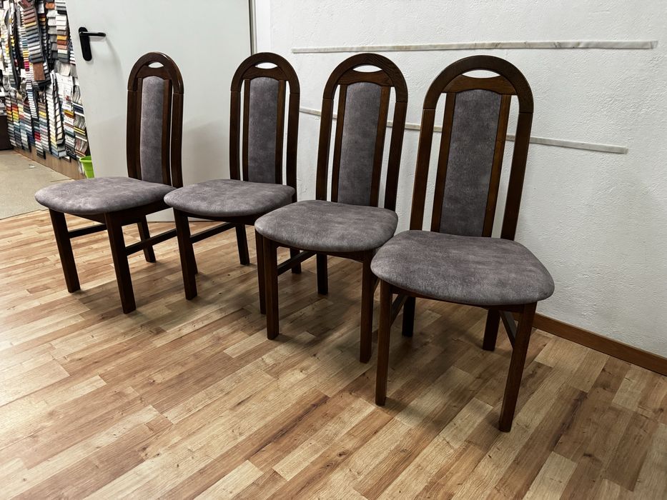 Krzeslo , szare , nowa tapicerka drewniane brazowe