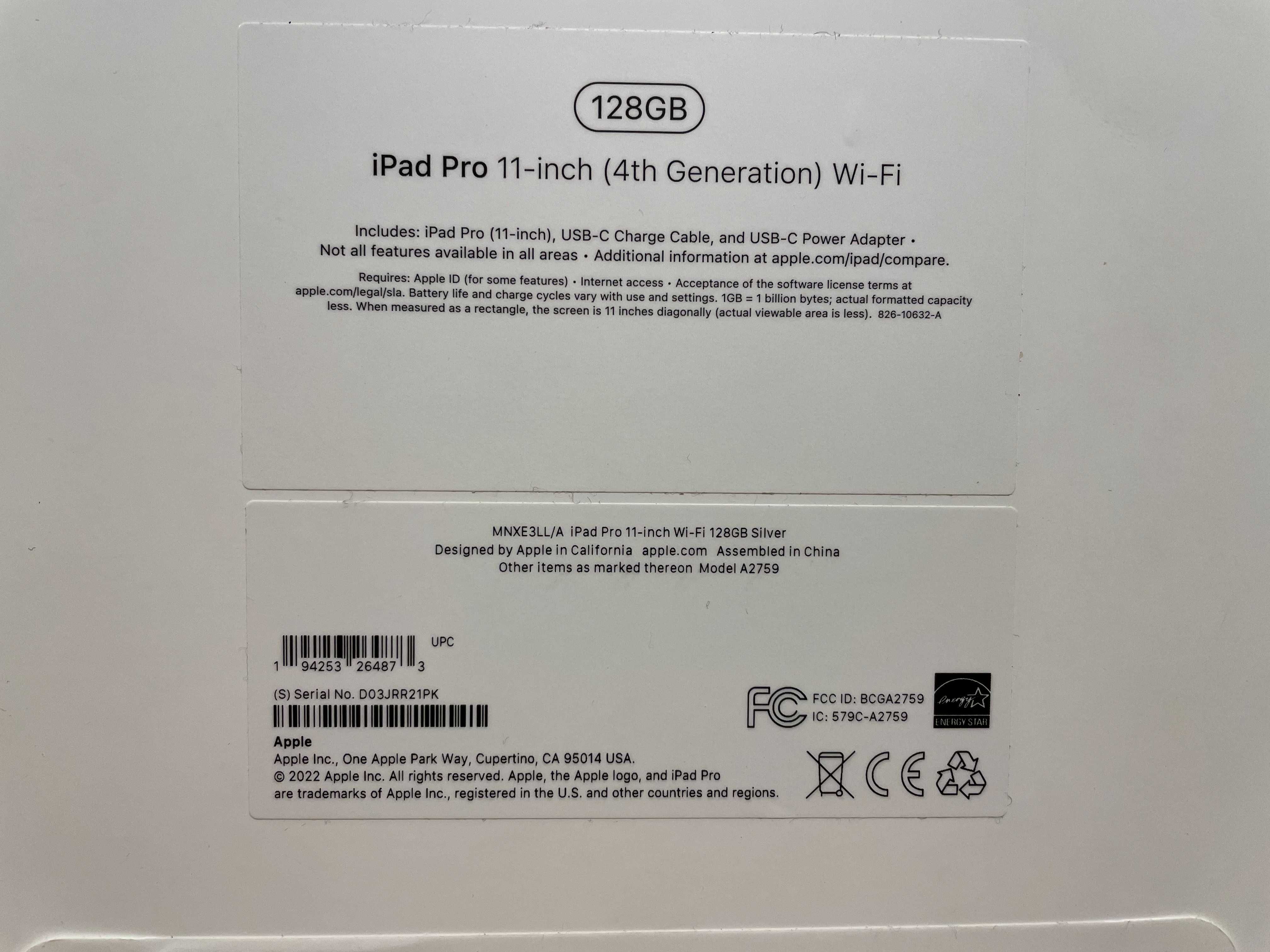 IPAD PRO 11" 128GB WIFI M2 Silver 4-Gen