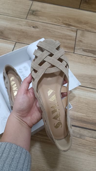 Balerinki sandały plecione skórzane beżowe Saway