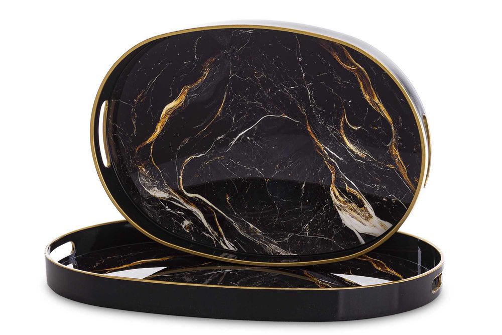 Komplet 2 szt. Tace Dekoracyjna owalna TACA z uchwytami - CZARNA ZŁOTA