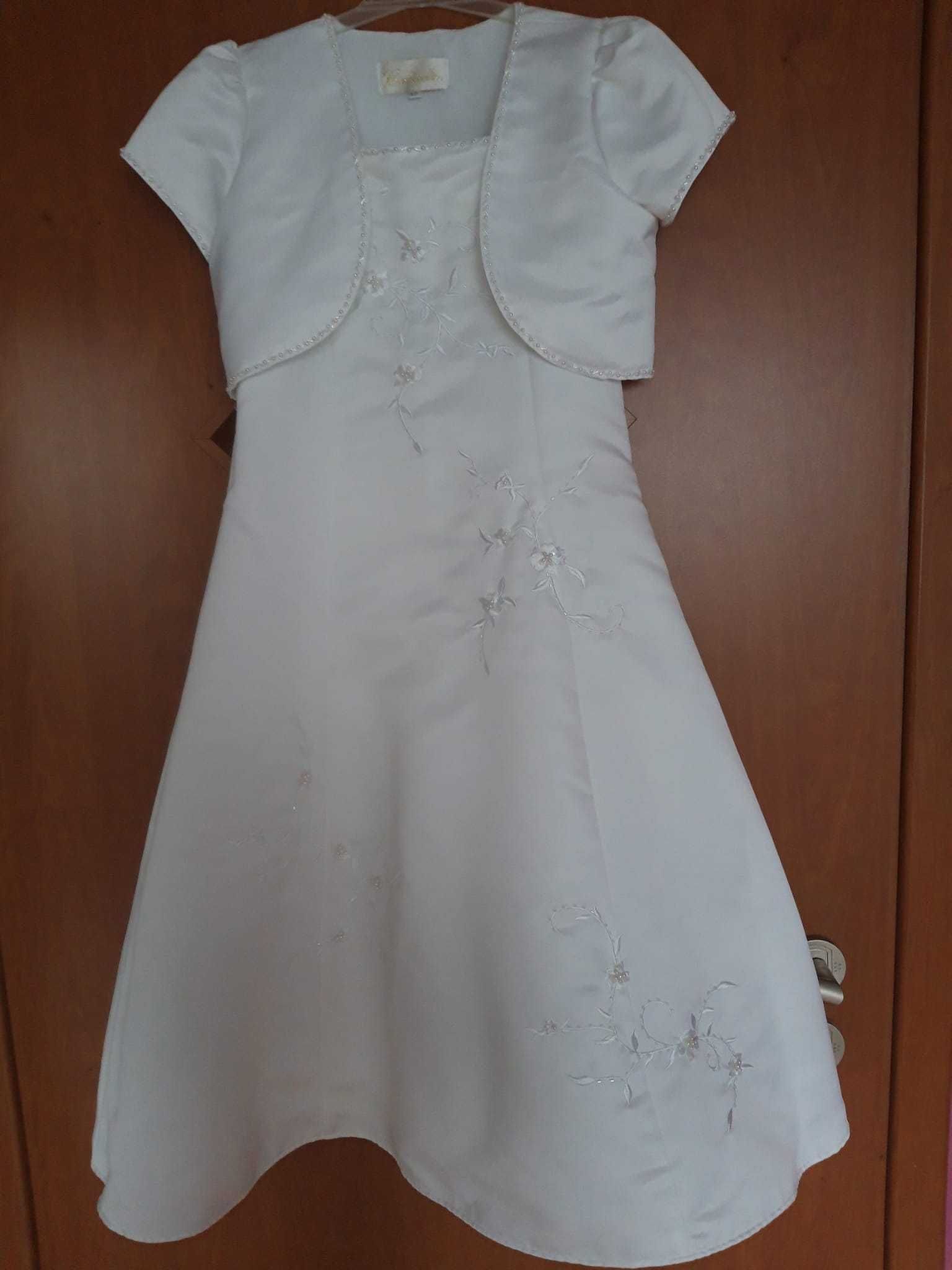 Sukienka komunijna, weselna, biała, atłasowa, Cinderella. 122-128.