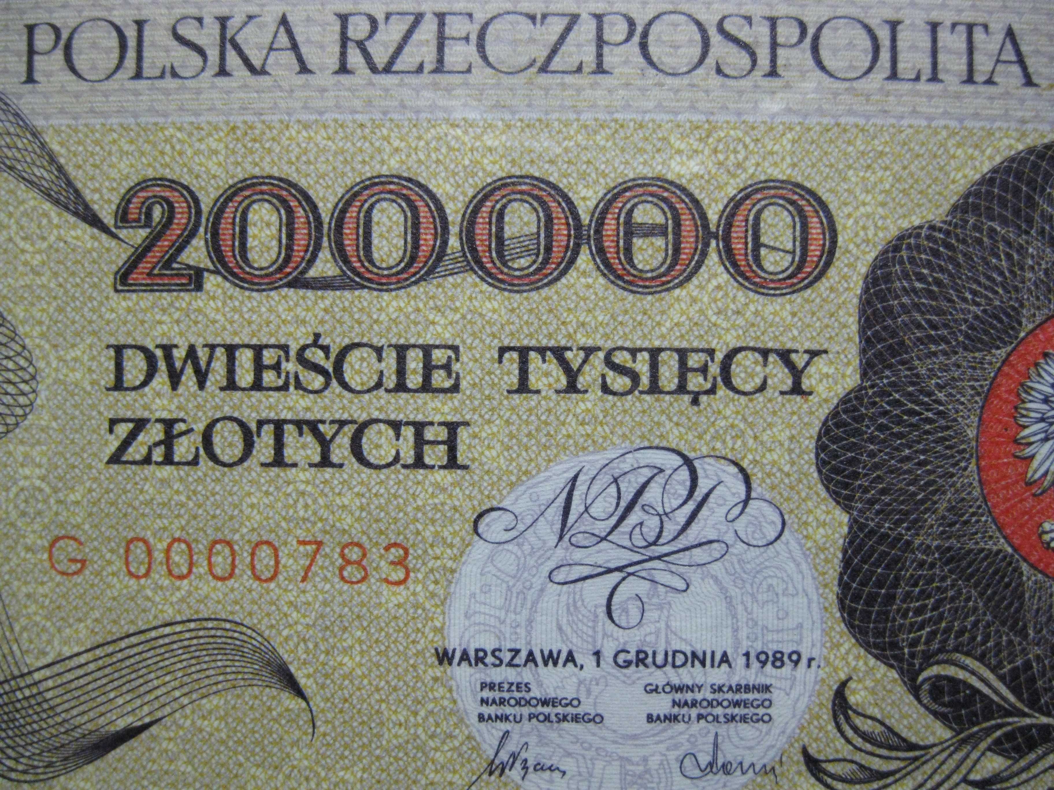 Banknot PRL 200000 złotych 1989 rok seria G grading PMG 66 niski numer