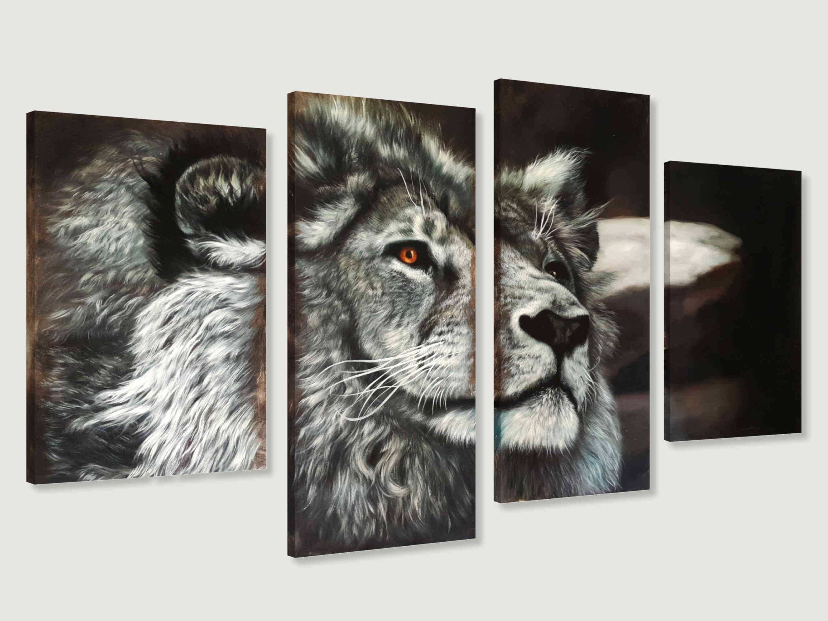 Pintura original de Leão em tela (canvas) Conjunto de 4 painéis