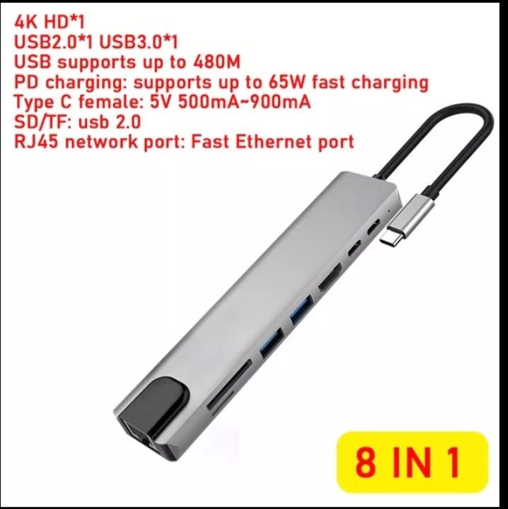 Концентратор Type-C 8 в 1 HDMI, USB-C, USB 3.0, Ethernet, TF card, Mic