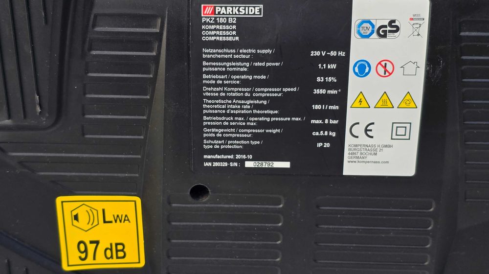 Kompresor bezolejowy walizkowy sprężarka osprzęt 1,1 kW Parkside