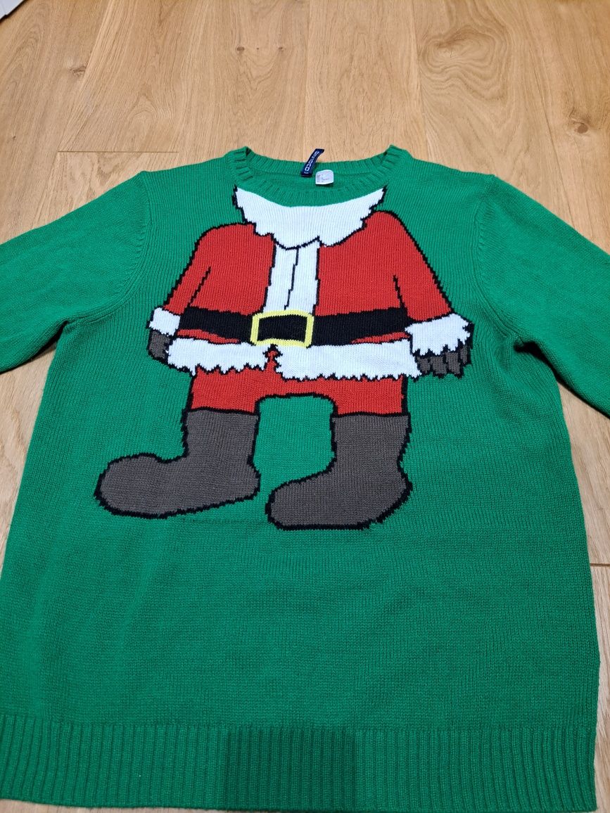 Zielony Świąteczny sweter z Mikołajem, H&M, rozmiar M