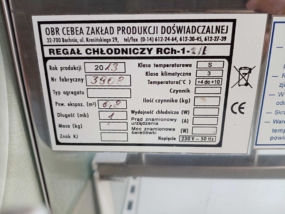 Regał chłodniczy Cebea RCh-1-2/B wiszący pod agregat zewnętrzny
