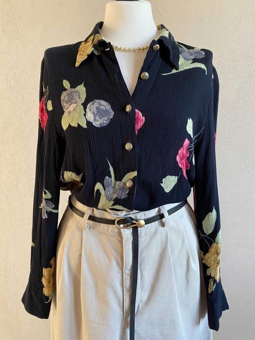 Przepiękna vintydżowa koszula damska 100% wiskoza kwiaty guziki jesień