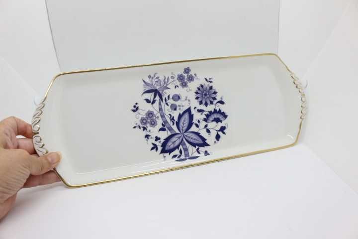 Torteira Porcelana ARTIBUS Decoração floral azul e ouro anos 40