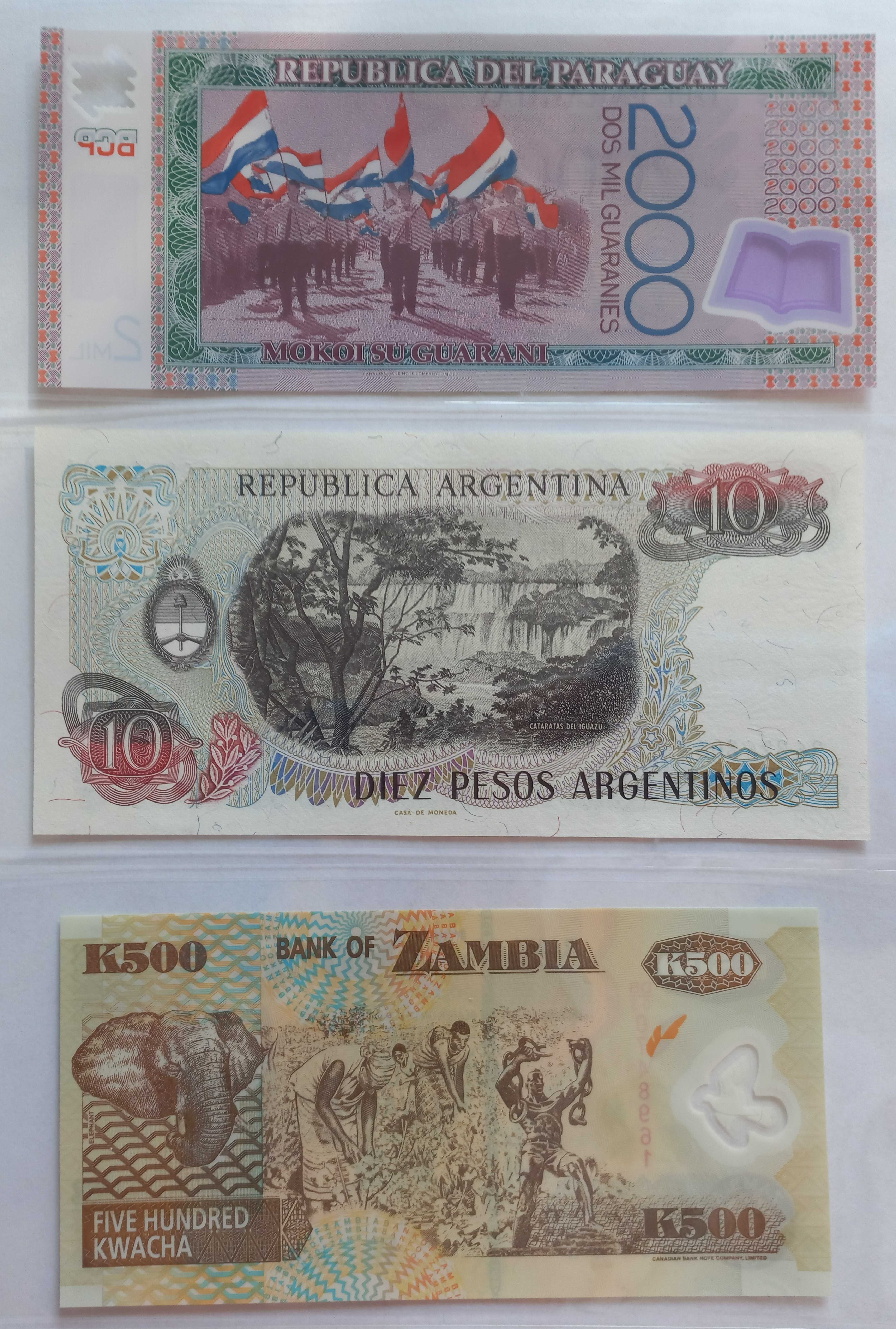 Paragwaj, Argentyna, Zambia. UNC  2000 Guaranies, 10 Pesos, 500 Kwacha