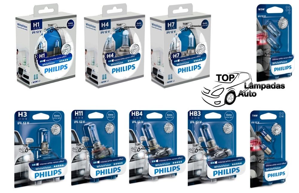 Lâmpada Philips White Vision +60% ,H1,H3,H4,H7,H11,HB3,HB4,W5W,T4W