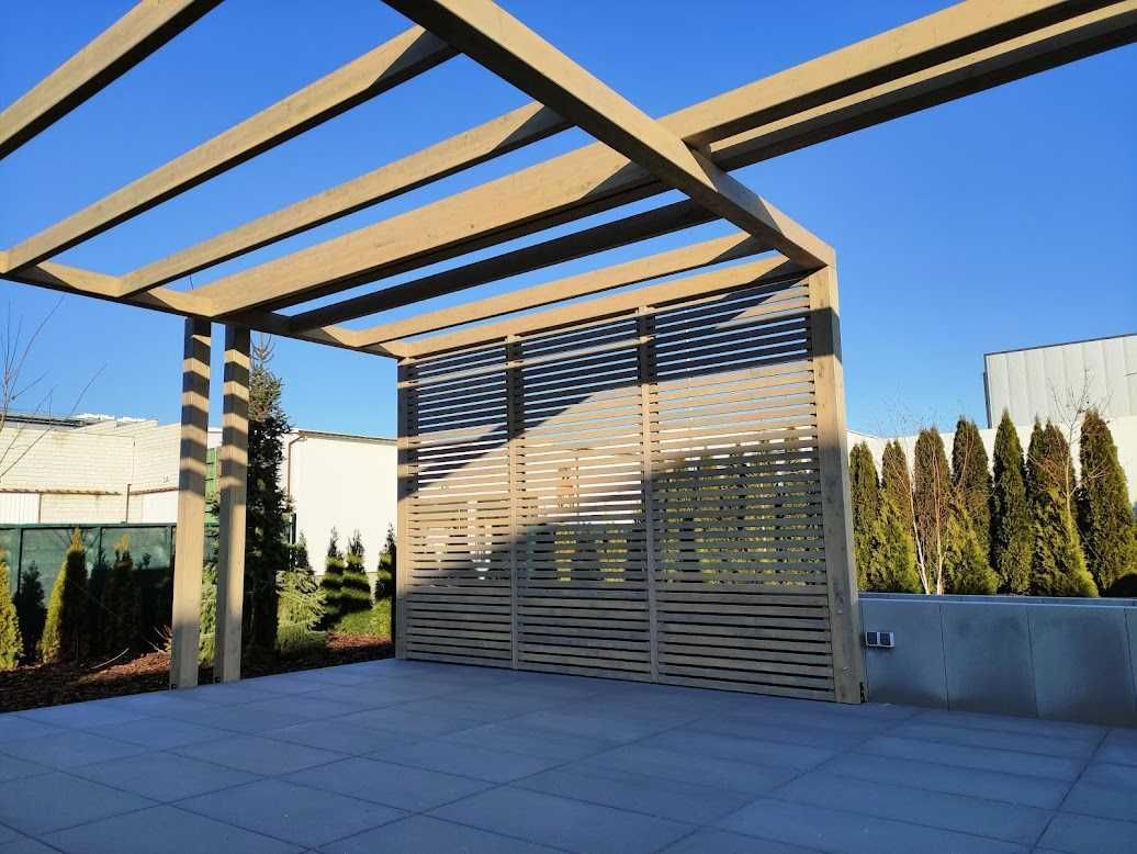 Pergola z drewna klejonego BSH, zadaszenie tarasu, poliwęglan
