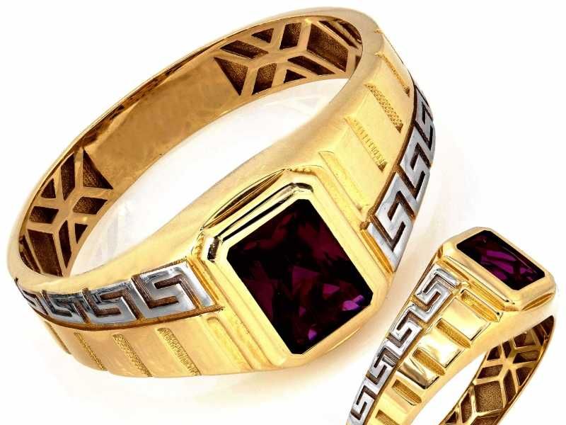Sygnet złoty czerwonym oczkiem i greckim wzorem unisex PR 585