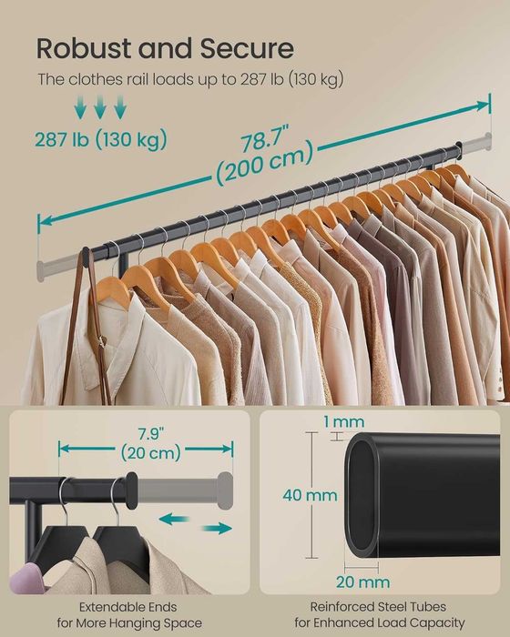 Wieszak garderobiany na ubrania na kółkach nośność do 150 kg wysuwany