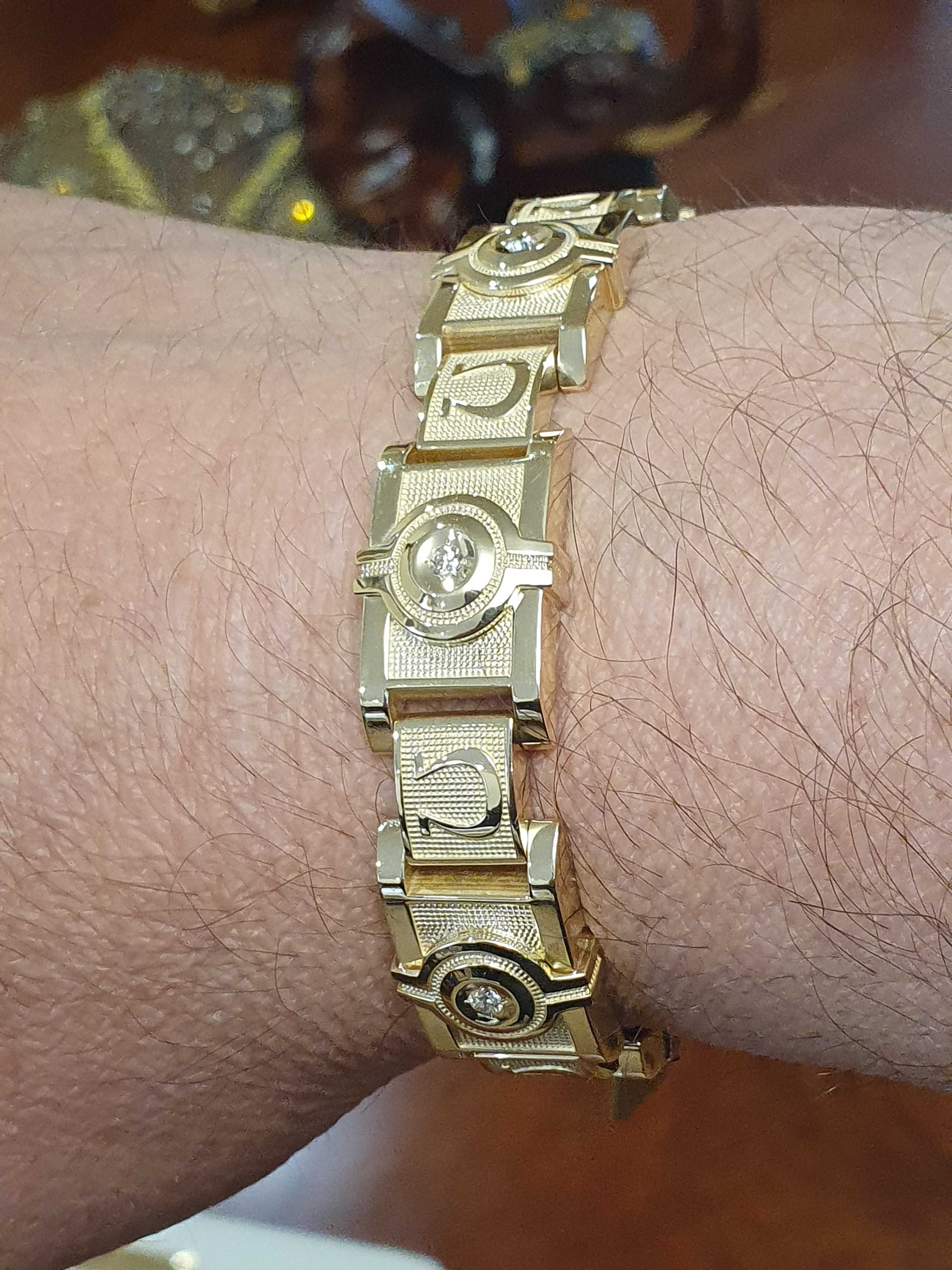 ZŁOTA BRANSOLETKA Z Diamentami Waga-52,9 gr.Próba-585.Ręcznie Robiona.
