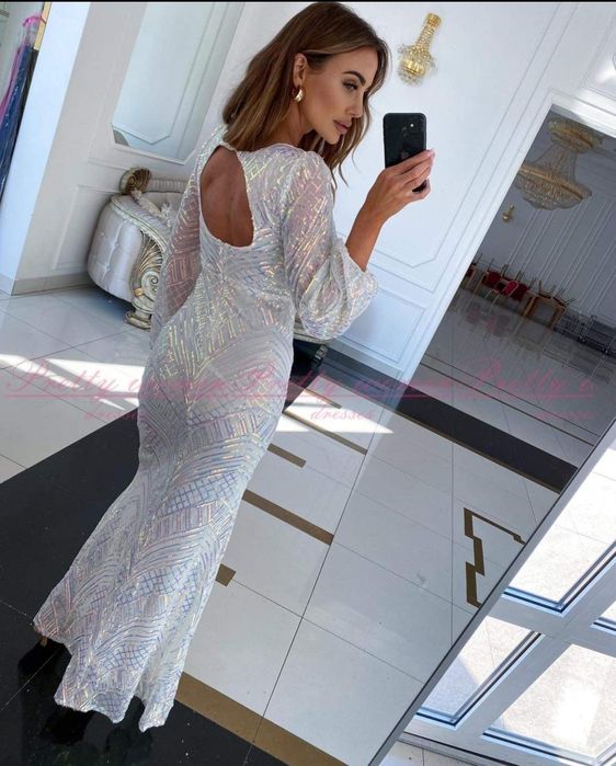 Sukienka biała cekinowa długa Cuba 38/M Maxi wieczorowa balowa pretty