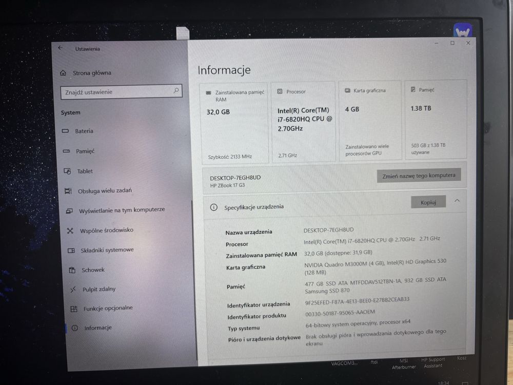 Laptop HP ZBook 17 G3 /i7/ 32GB RAM / SSD 1.4 TB / Quadro M3000M 4 GB/