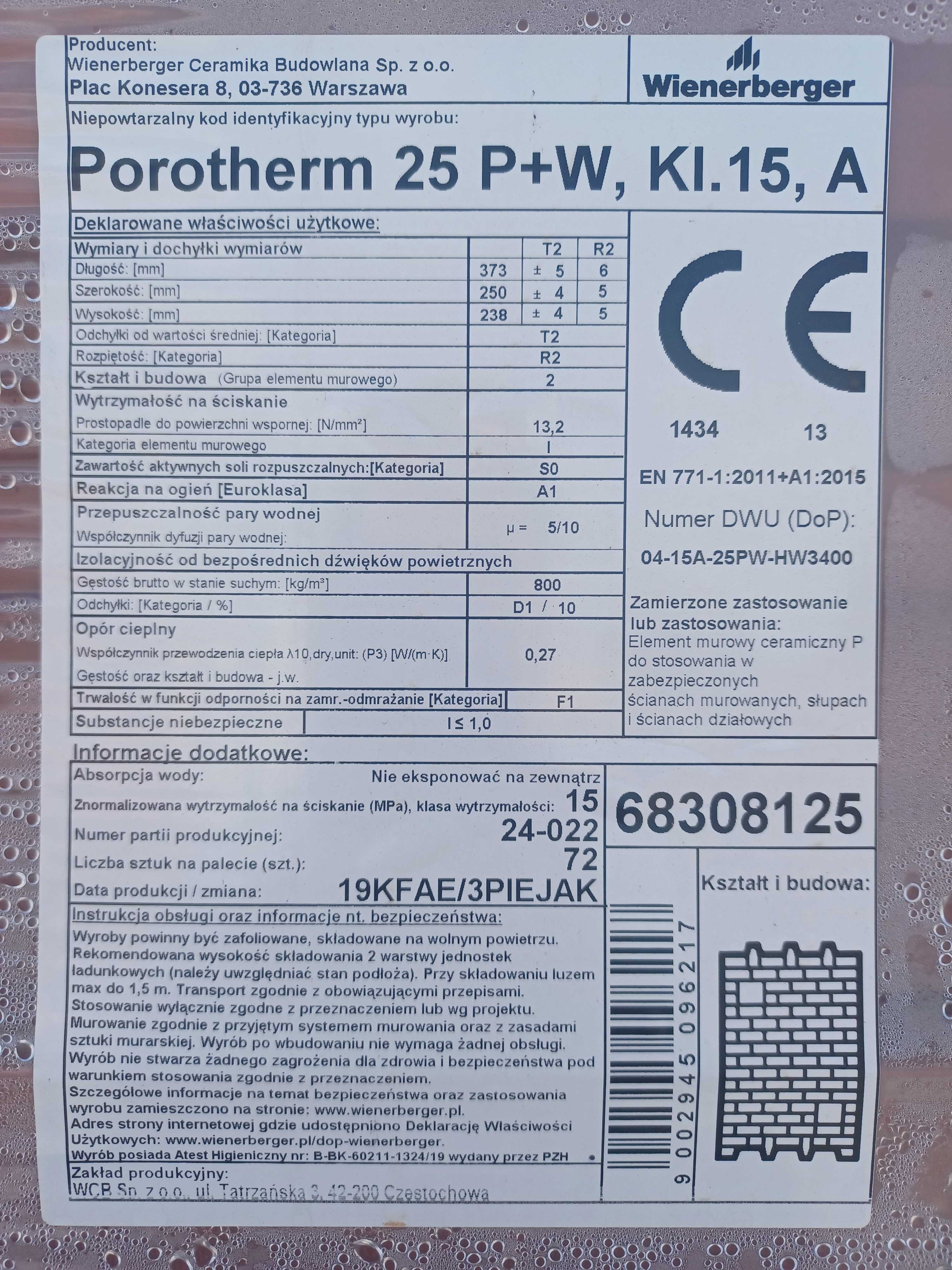 Pustak Wienerberger POROTHERM 25 P+W 250/373/238 mm