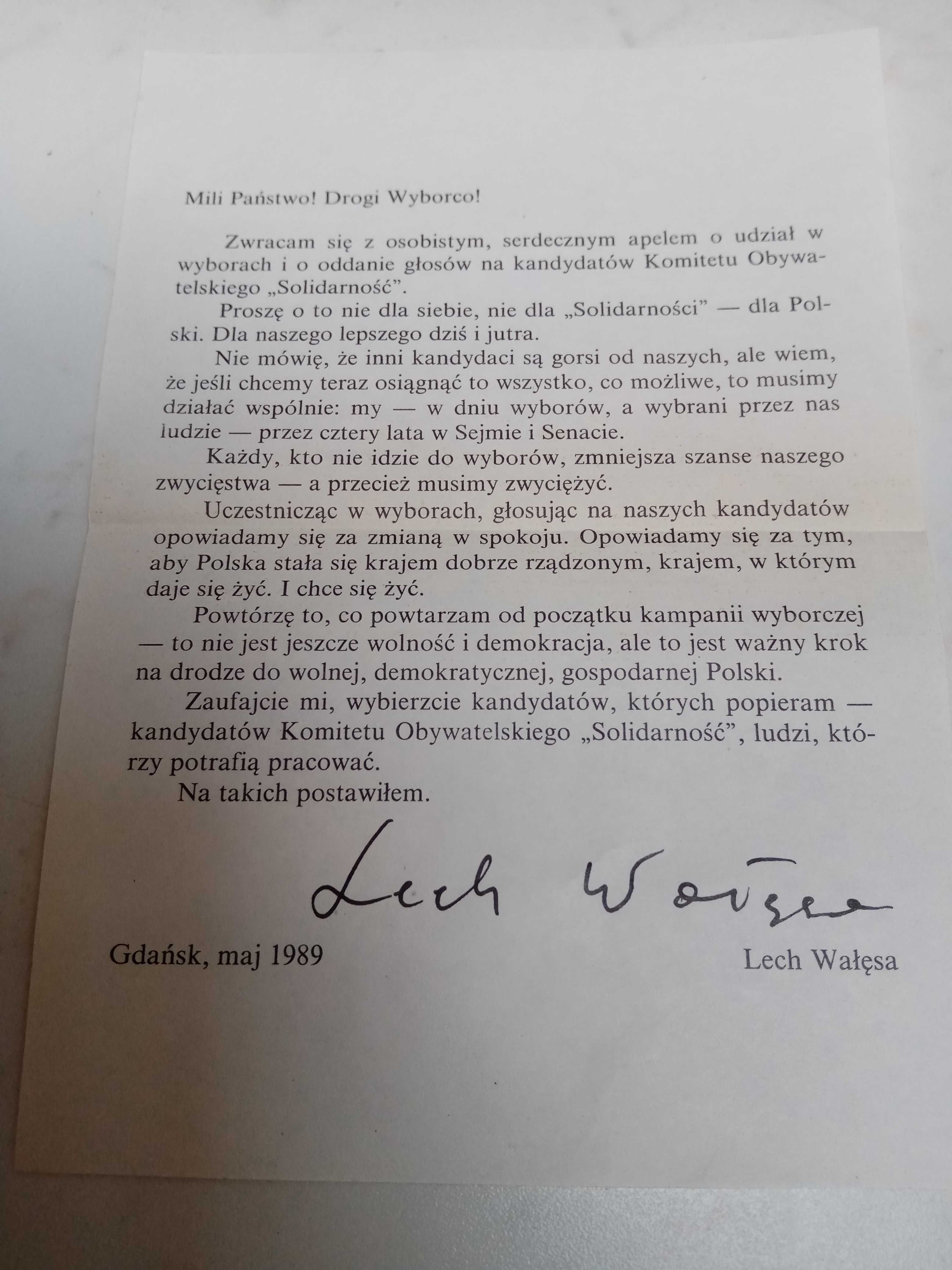 Solidarność Lech Wałęsa ulotka wyborcza 1989