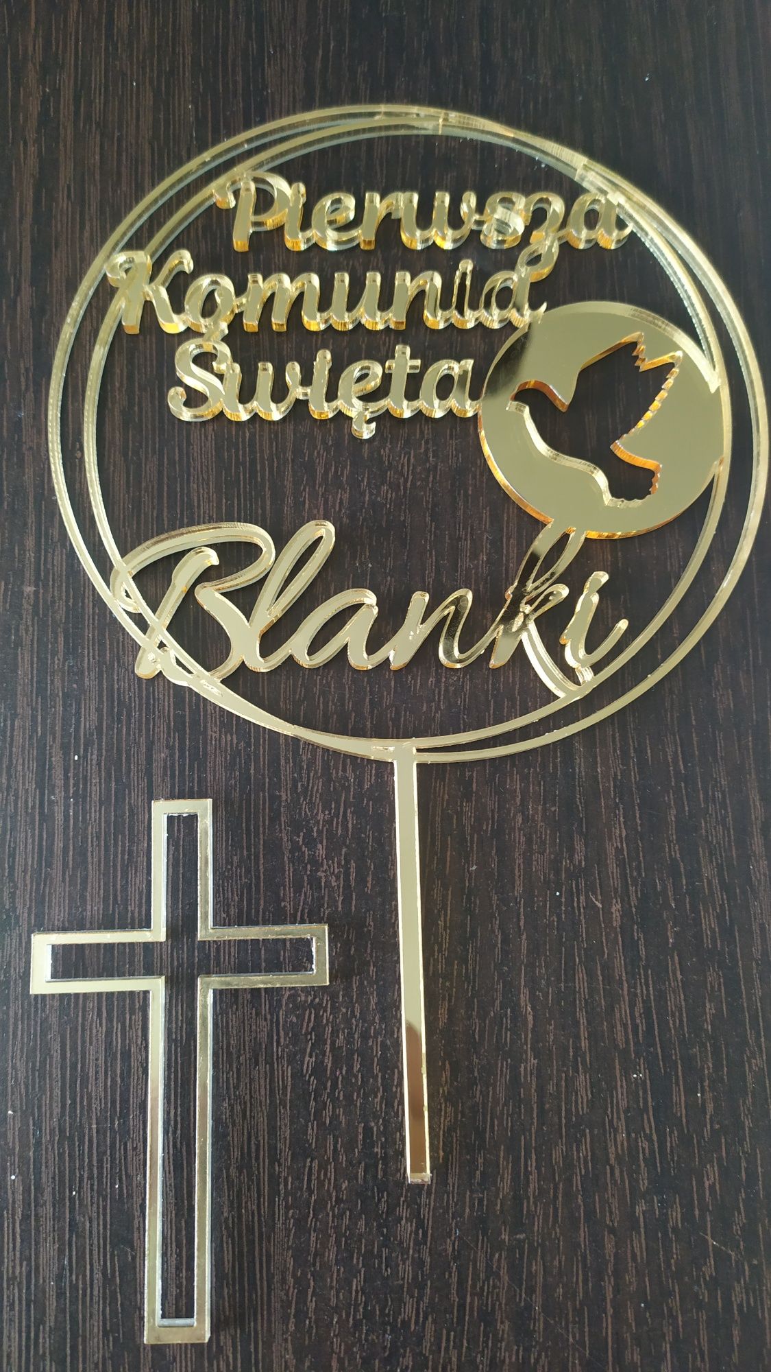 Topper komunijny lustrzany Komunia Święta Blanki+ krzyżyk