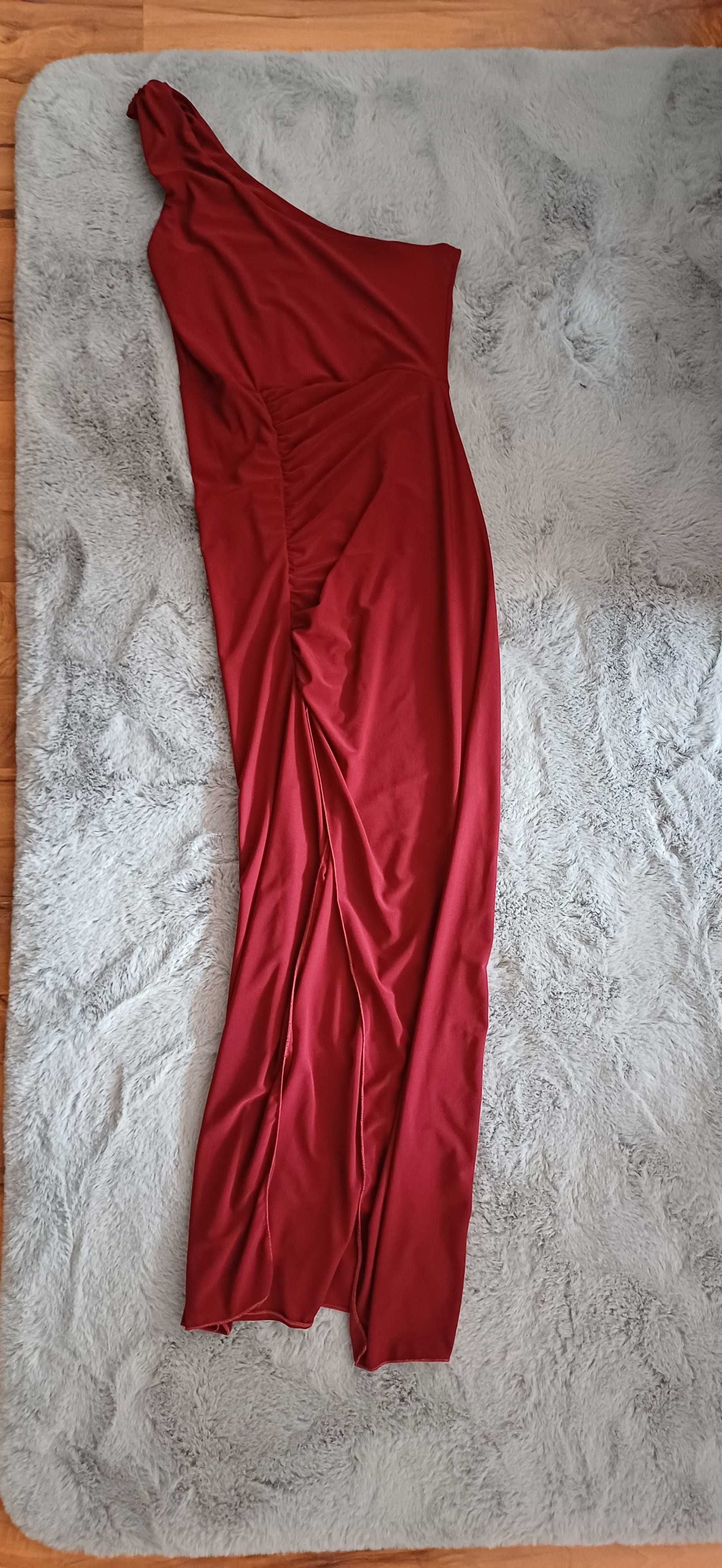 Midi sukienka na jedno ramię - SOFIA - bordowa - KOLOR : Bordo