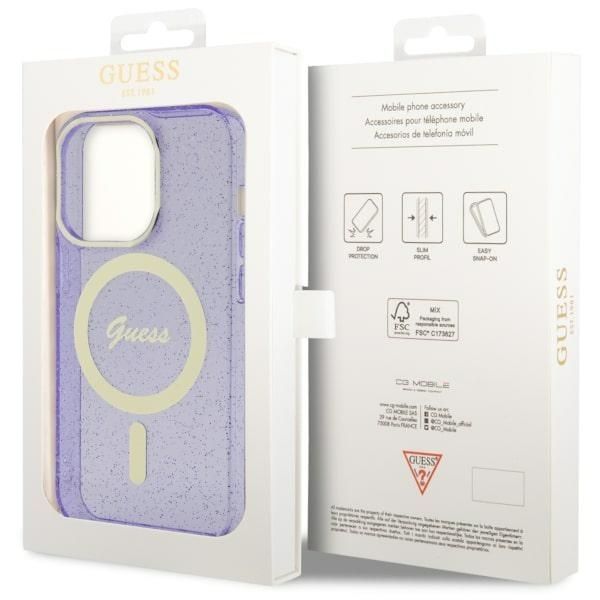 Guess Etui iPhone 14 Pro 6.1" Purpurowe Glitter Gold MagSafe