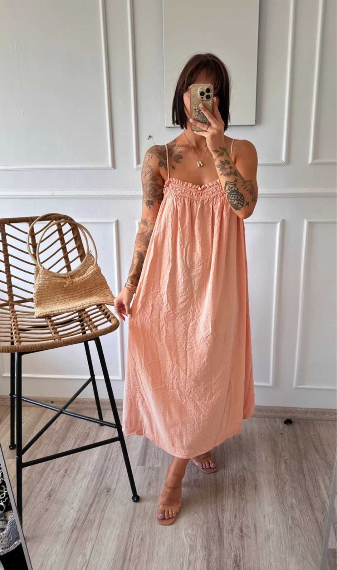 Bawełniana długa maxi luźna sukienka w stylu Boho muslinowa L