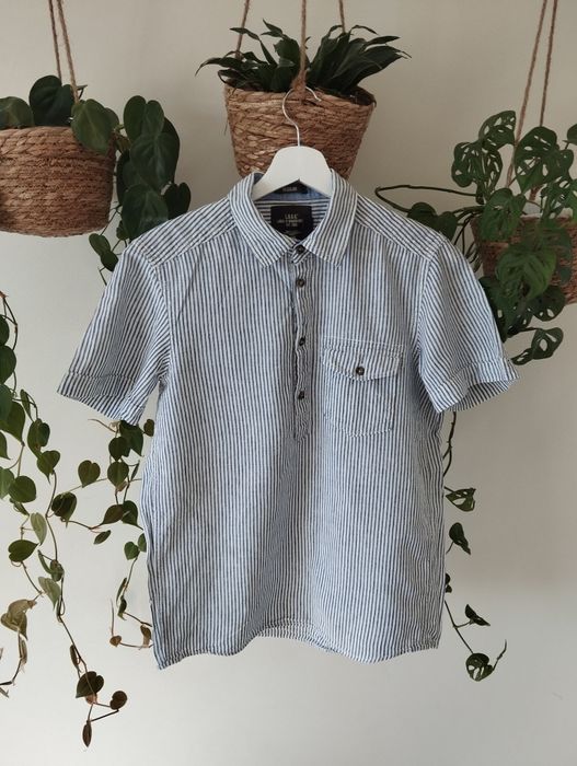Wiosenna, letnia koszula w niebieskie prążki, krótki rękaw, kieszonka,