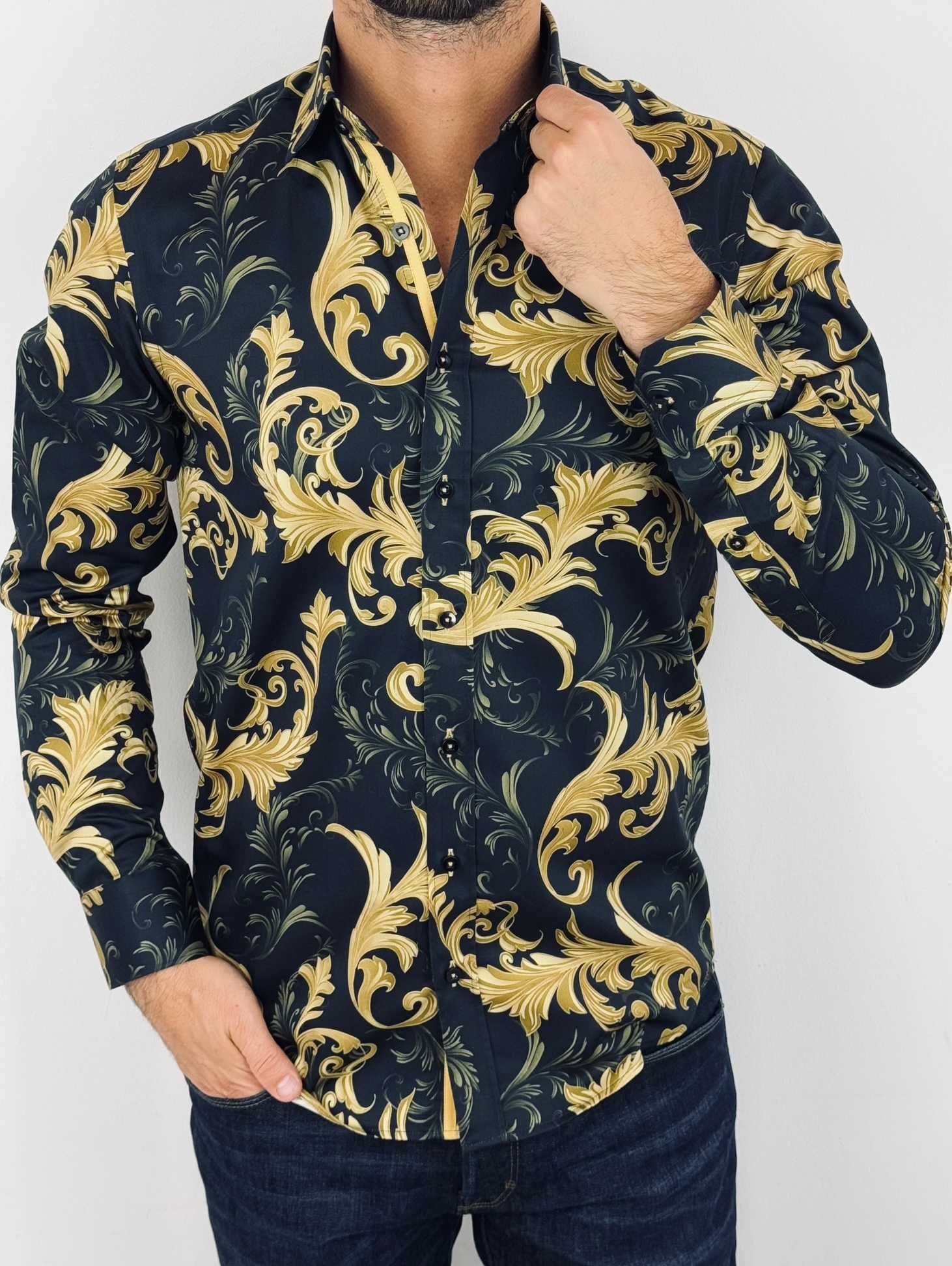 DANIEL BESSI Koszula męska fb125 czarna glamour złote wzory paisley