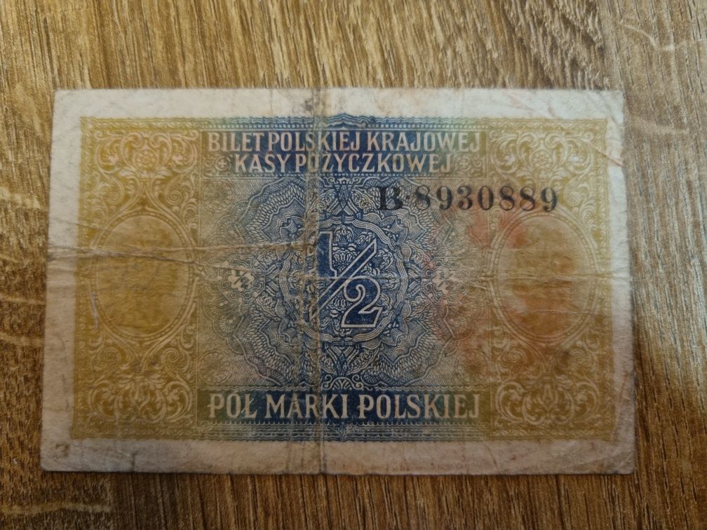 Banknot 1/2 pół marki 1916 r. Seria B żółto-niebieskie tło