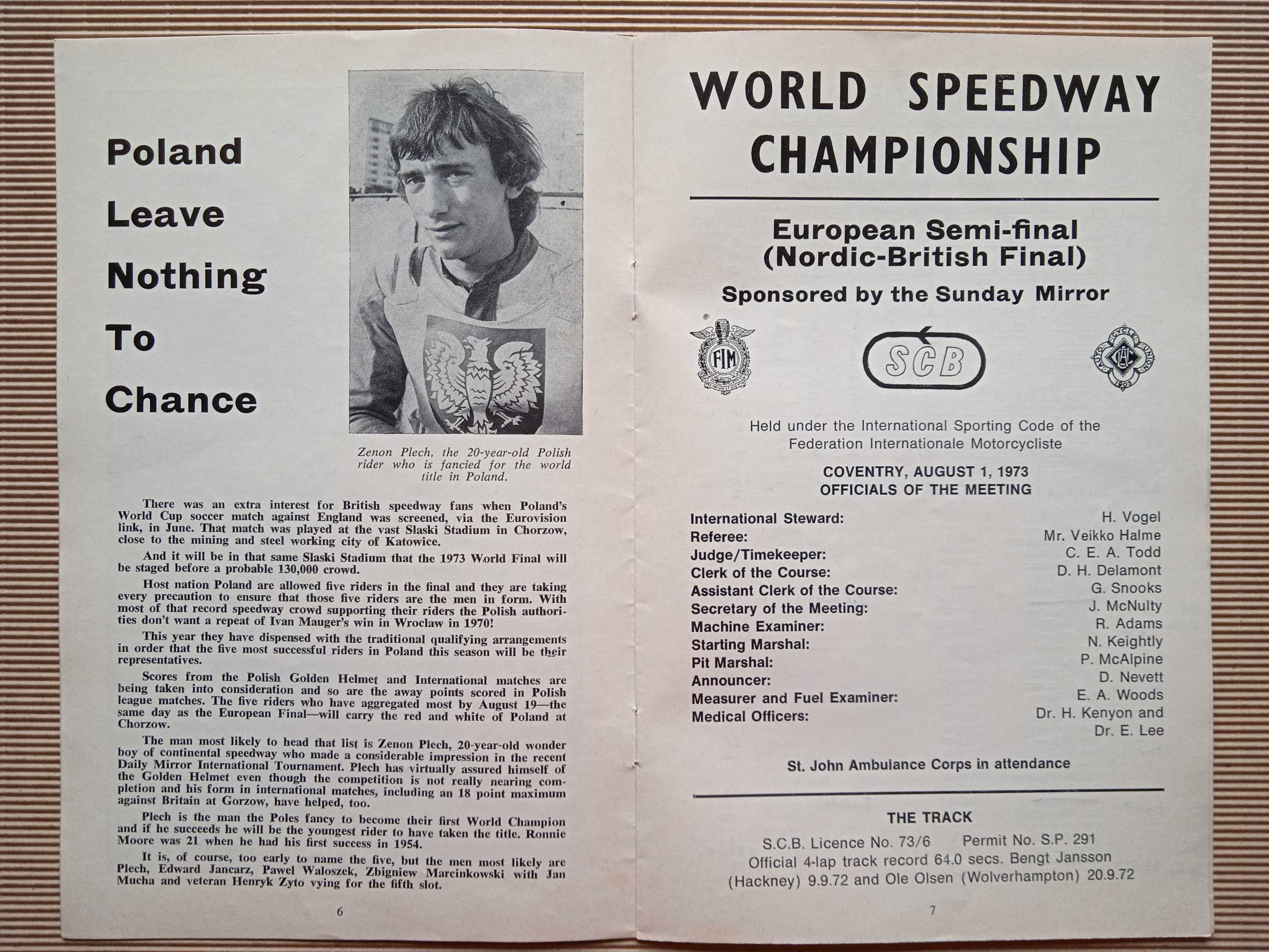 Program żużlowy IMŚ Finał Nordycko-Brytyjski 1973 Coventry