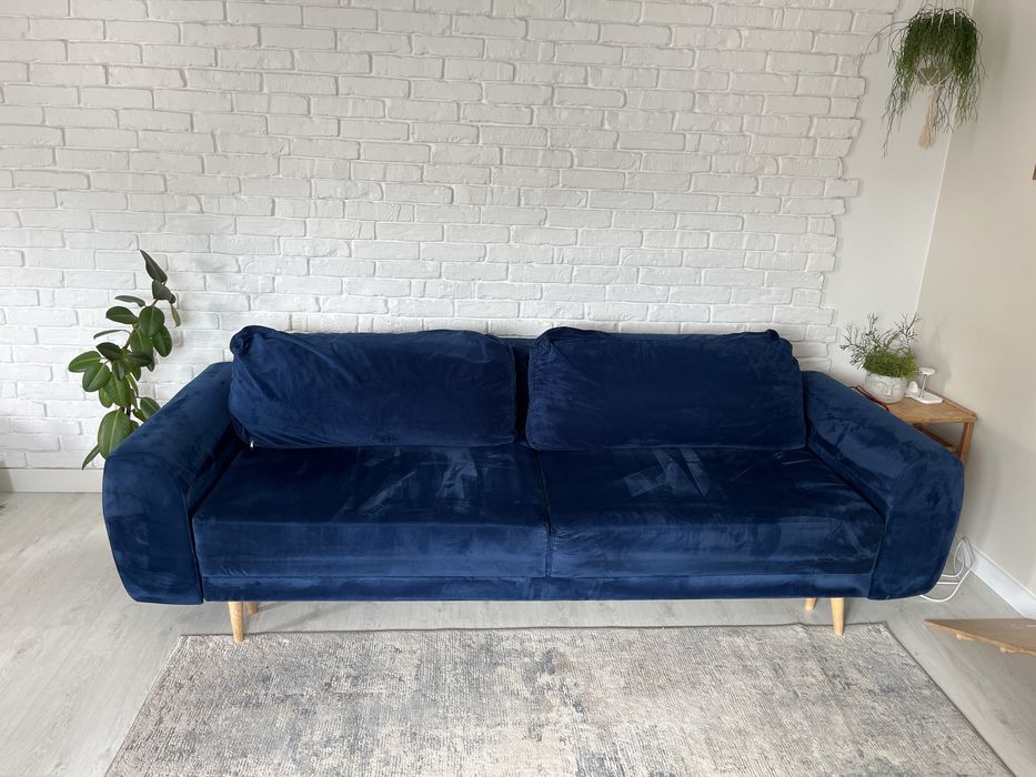 Kanapa sofa rozkladana welurowa niebieska granatowa