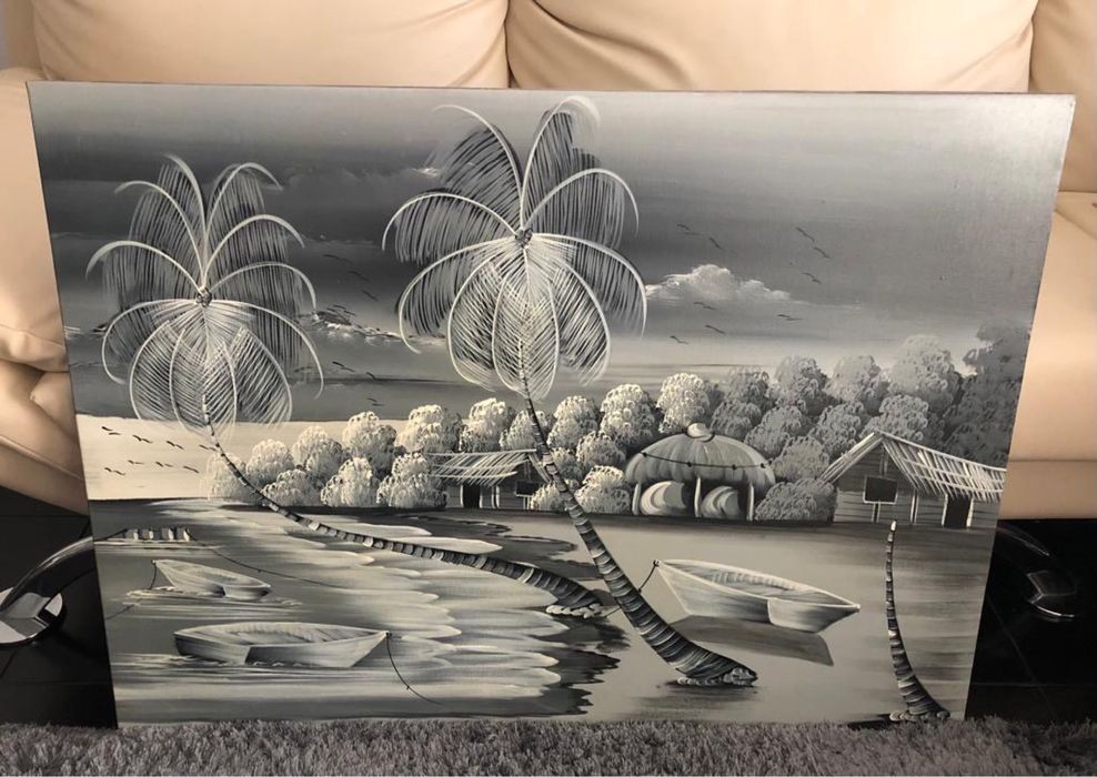 Quadro com pintura de praia e palmeiras