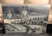 Quadro com pintura de praia e palmeiras
