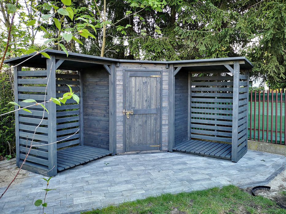Domek narzędziowy narożny z drewutnią, duży domek ogrodowy drewniany